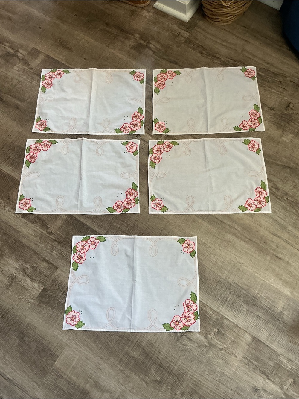 Vintage Embroidered Floral Placemats - handmade Pink & Green Set of 5